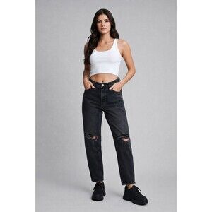 American Eagle Black Distressed Jeans Size 8 Short High Rise Straight Mom Fit